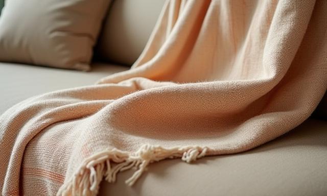 Luxurious handwoven desert-themed textile throw draped over a sofa, showing intricate patterns and warm colors.